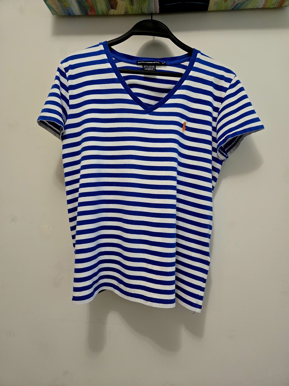 Ralph Lauren Woman's Blue & White Striped V-Neck Cotton Tee Size L